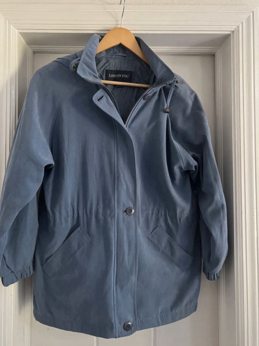 London Fog Hooded Blue Raincoat Size Medium